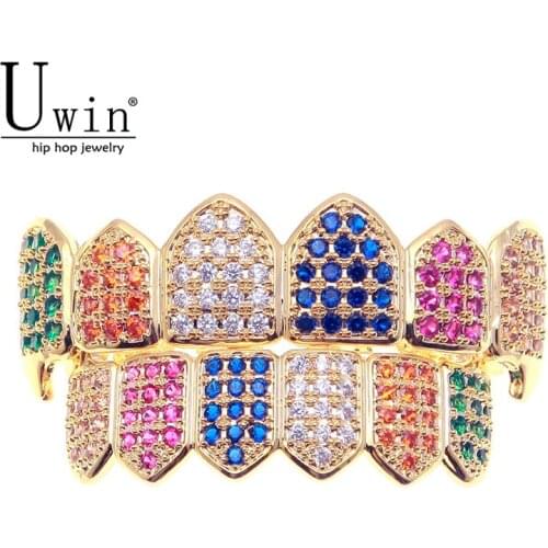 UWIN Hip Hop Rainbow Iced Out AAA Zircon Micro Pave Teeth Grills Caps Top & Bottom Colorful Grills Set Men Women Fashion Jewelry