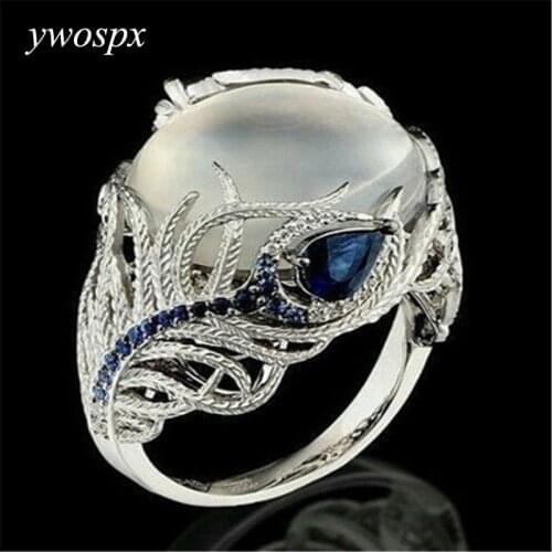 YWOSPX Vintage Feather White Imitation Moonstone Silver Color Rings for Women Jewelry Engagement Ring Anillos Mujer Bijoux Gift
