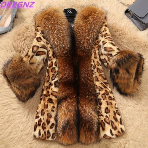 Boutique Womens Autumn Winter Faux fur Jackets Leopard Mink fur Coats Faux Raccoon Fur collar Plus size Fur jackets OKXGNZ 1256