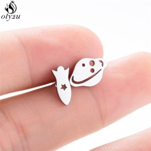 Summer Design Asymmetric Universe Rocket Stud Earrings for Women Brincos Stainless Steel Planet Plane Earings Kids Unique Gift