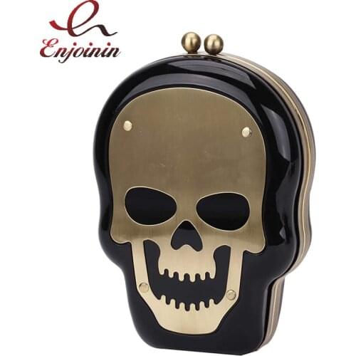 Punk Skull Metal Pattern Acrylic Box Party Clutch for Women Fashion Chain Crossbody Halloween Shoulder Bag Black Evening Bag
