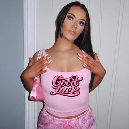 Uclio Womens Print Lace Sexy Tank Top Ultra Short Halter Tube Top"Good Luck" Pink