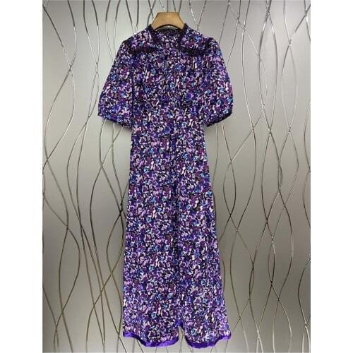 Purple Floral Print Long Dress 2021 Summer Fashion Style Women Ruffle Deco Short Sleeve Elegant Ladies Casual Party Tunic Dress