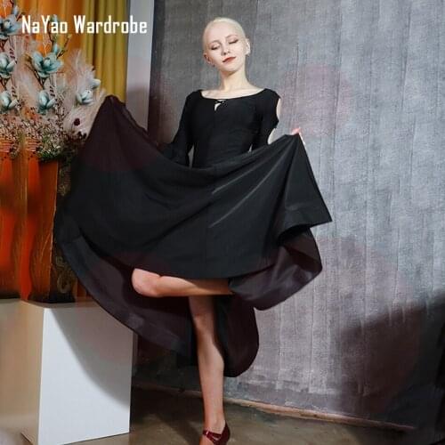 2020 New TL666 Latin Dance Dress Women Black Lotus Sleeve Arm Hole Design Dancing Performance Dress for Ballroom Samba Tango