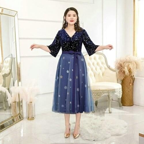 Woman Formal Evening Plus Size Dresses V-Neck Three Quarter A-Line Sleeve Floor-Length Sequins Embroidery Elegant Dress D034