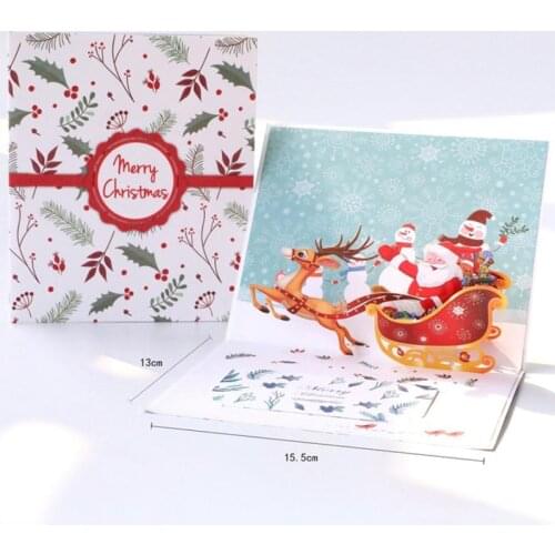 10 pieces/lot) 3D Pop Up Christmas Santa Greeting Card Laser Cut "Merry Christmas" Deer Red Gold Gift Cards With Envelope C9008