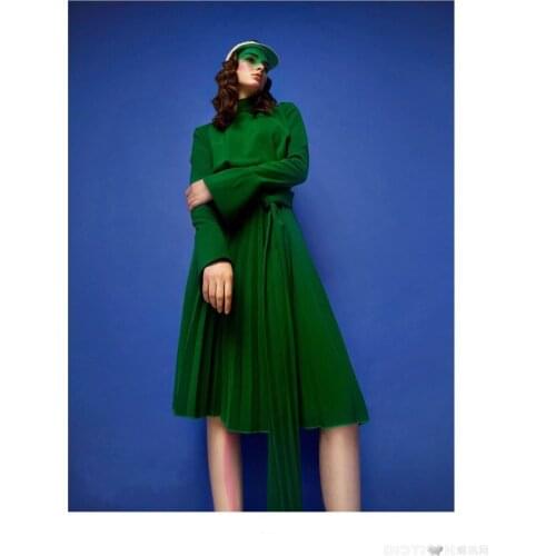 1101 2020 Autumn Free Shipping Crew New Long Sleeve Green Dress Fashion Womens Clothes