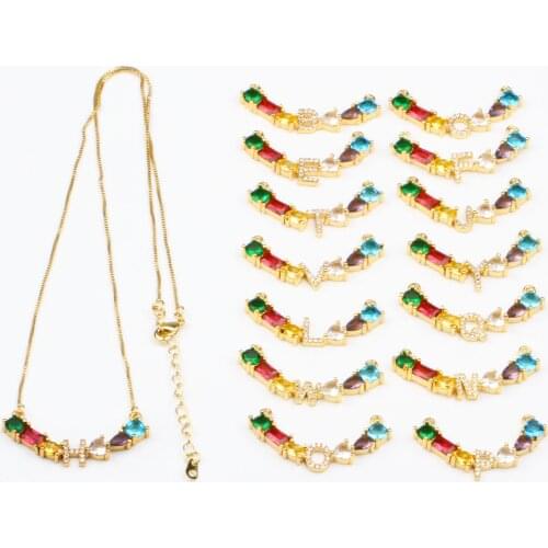 2Pcs Rainbow CZ Cubic Zirconia A-Z Initials Letter Pendant Necklaces Trendy Gold Copper Chain
