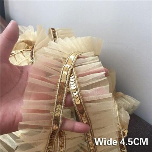 4.5CM Wide Gold Mesh Embroidery Tassel Ribbon Glitter Sequin Mesh Lace Trim Applique DIY Clothing Sewing Decoration