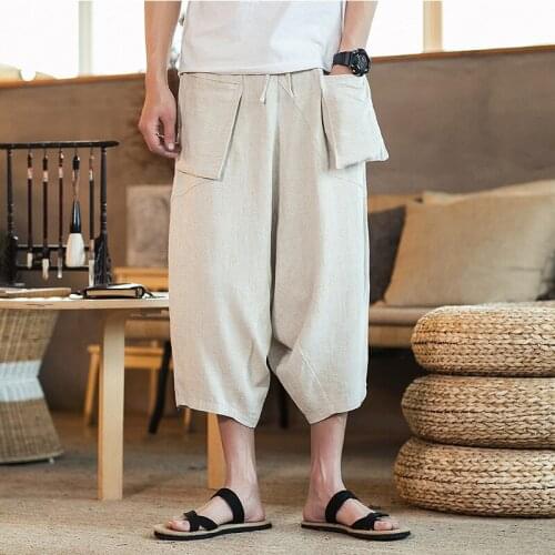 5XL Linen Men Bloomers Sweatpant Loose Wide Leg Harem Hippie Baggy Crotch Pant Casual Jogger Running Workout Yoga Pant plus size