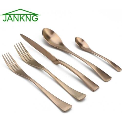 JANKNG 5Pcs/Lot Black Stainless Steel Dinnerware Set Matte Rose Steak Knife Table Fork Teaspoons Tableware Cutlery Set for 1