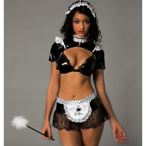 JSY Sexy Womens Maid Dress Cosplay Babydoll Lingerie Sexy Hot Erotic Latex Apparel Nightwear Hollow Out Lingerie Porno Costumes