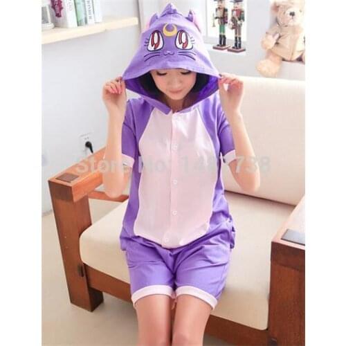 Kawaii Anime Purple Cat Onesie Hoodie Pajamas Adult Summer Animal Pijamas Unisex Cotton Pyjamas Short Sleeve
