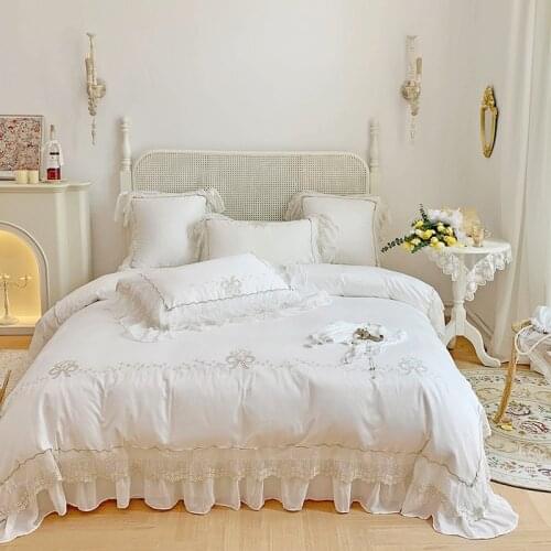 Luxury French Princess Egyptian Cotton Silky Bedding Set Bow Embroidery Floral Chiffon Ruffle Duvet Cover Bed Linen Pillowcases