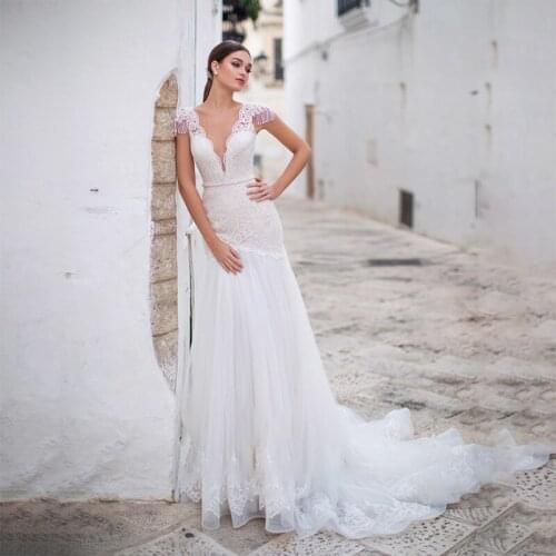 Lace Beach Bohemian Wedding Photography Dress Mermaid Cap Sleeve with Tassel V Neck Bridal Gown Sheer Back Custom Made