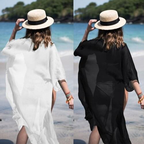 Summer Dress Pure Color Long Sleeve Women Bikini Cover Ups Beach Long Dresses Chiffon Beachwear Swimwear