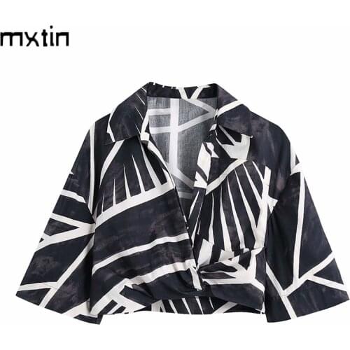 MXTIN 2021Women Fashion Print Cropped Blouses Vintage Lapel Collar Short Sleeve Office Ladies Female Shirts Blusas Casual Tops