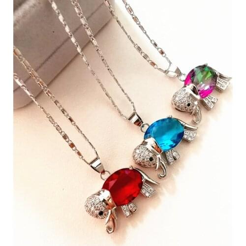 Pure Silver Necklaces For Women Red/Blue/Purple Rhinestone Elephant Pendant Necklace Collier Choker Vintage Jewelry Accesorie