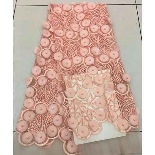 Pink French Laces Fabric 3D Beads Flower Embroidery High Quality Tulle Net Lace Soft Tissue For Women African Fabric FJ2197