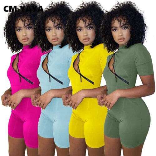 CM.YAYA Active Zipper Front Patchwork Short Sleeve Bodycon Playsuit Women Streetwear Moto Biker One Piece Overall Romper 2021