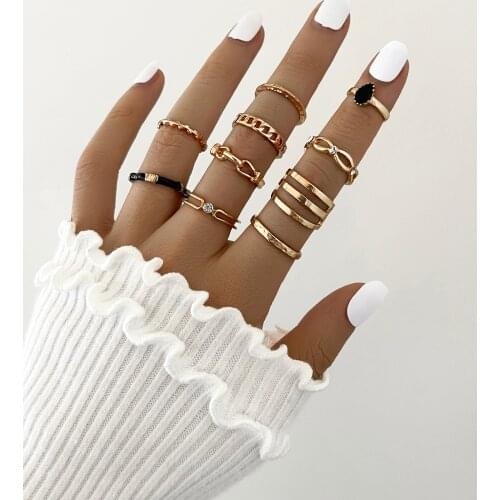 Stillgirl 10Pcs Vintage Crystal Gold Chain Rings for Women Punk Boho Black Stone Female 2021 Aesthetic Fashion Jewelry Anillos