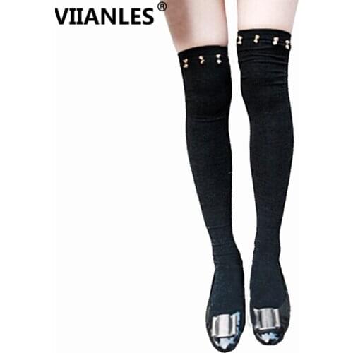 VIIANLES Thigh High Stocking Black Sexy Stockings Punk Rock Metal Big Nail Rivets Tube Casual Fashion Design Party Club Stocking