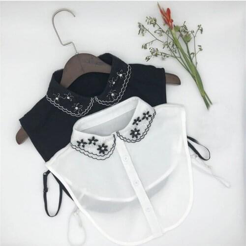 Women Embroidery Hollow Out Lace Flower Chiffon Fake Collar Elegant Rhinestone Crystal Lapel False Detachable Collar Blouse Tops