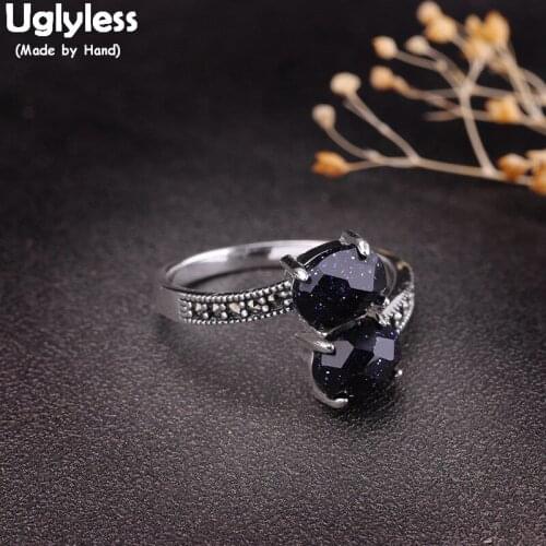 Uglyless Faceted Blue Sand Stones Open Rings for Women Simple Fashion Silver Finger Rings 925 Sterling Silver Fine Jewelry R923