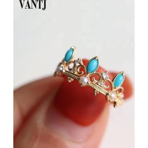 VANTJ Natural Turquoise Rings Sterling Real 14K Gold Diamont Pearl Fine Jewelry For Women Lady Party Wedding Gift With Box