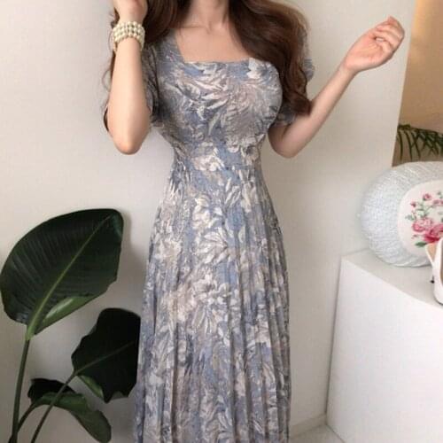 2021 Summer Water-color Printed Korean Chiffon Long Dress Women Short Sleeve Square Collar Belted Pleated Elegant Dresses Femme