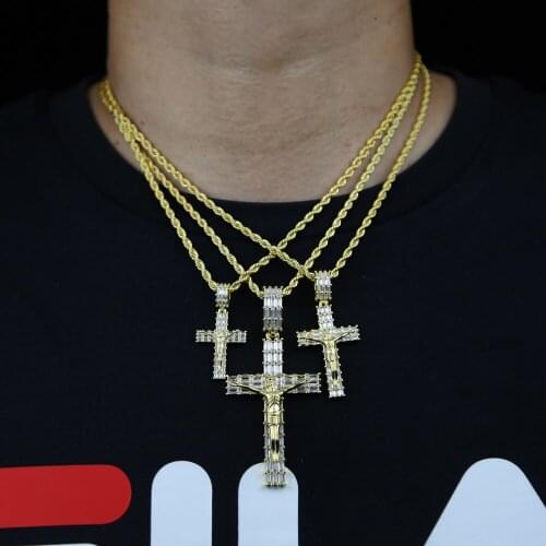 2021 Three sizes Fashion Iced Out Bling Hip Hop Baguette CZ Cross Jesus charm Pendant necklaces for women men rope chain jewelry