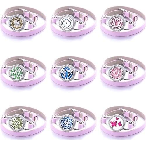 Tree Of Life Pink Leather Zircon Bracelet Stainless Steel Aromatherapy Oil Diffuser Charm Bracelet Perfume Locket Jewelry Gift