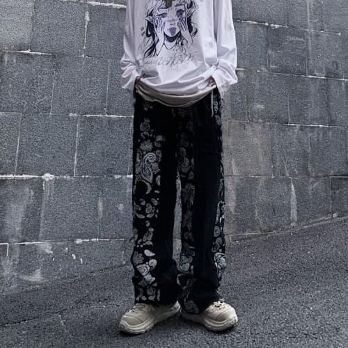Harajuku Mens Jeans Cashew Print Patchwork Jeans Pants Men And Women Street Style Washing Loose Straight Casual Pants