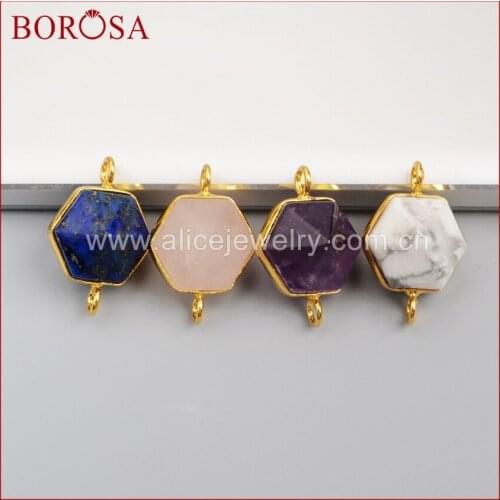BOROSA Gold Color Hexagon Terminated Point Multi-Kind Stones Lapis Lazuli Faceted Connector Double Bails for Jewelry DIY G0998
