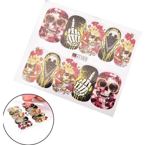 Halloween Skull Design Stickers Wraps Tips Decoration 48 Sheets Cool Nail Art Full Cover Water Transfer Sticker Decals