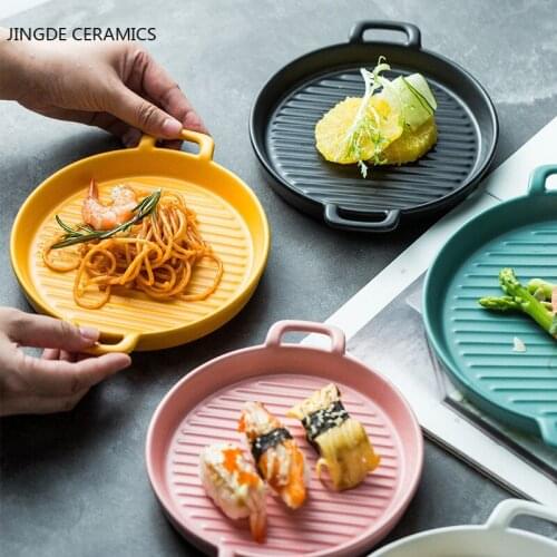 1pc Nordic Style Solid Color Ceramic Round Binaural Baking Tray Microwave Oven Supplies Baked Rice Bowl Kitchen Accessories