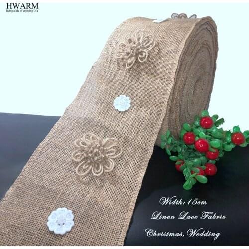 3yard 15cm wedding trim christmas linen lace fabric ribbon runner with linen flower white lace flower DIY sewing christmas deco