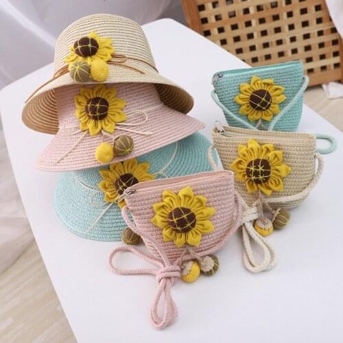 Zonneklep Summer Girl Kids Holiday Beach Bucket Breathable Cap Straw Sunflower Hat+Shoulder Handbag Bag 2pcs Props Gift