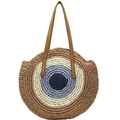 2022 Summer Womens Handmade Woven Shoulder Bag Female Bohemian Travel Handbags Casual Tote Round Straw Beach Bags for Women