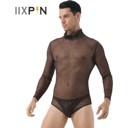 Mens Fashion Catsuit Leopard Printed Turtle Neck Leotard Long Sleeve Transparent Mesh Bodycon Jumpsuit Hot Streetwear For Party