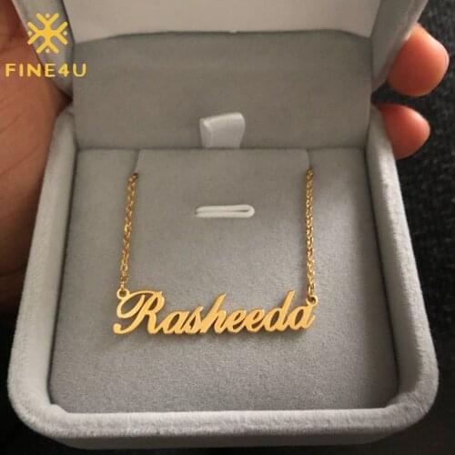 FINE4U N582 Custom Name Necklace Personalized 18K Gold Plated Nameplate Customized Jewelry Gift for Women