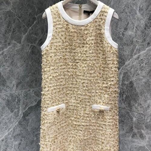 Korean Fashion New Womens Sleeveless O-Neck Tweed Vest Dresses Streetwear Summer New Fake Pocket Qualities Ladies Slim Dresses
