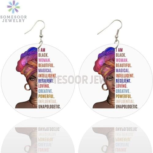 SOMESOOR Magical Beautiful Black Woman Wooden Drop Earrings With Inspired Writings Both Sides Printed Big Loops Dangle Jewelry