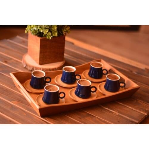 Harem of 6 Coffee Cups Red / Blue / Ruby | Bamboo Saucer | Porcelain Cups | Home-kitchen | Made in Turkey