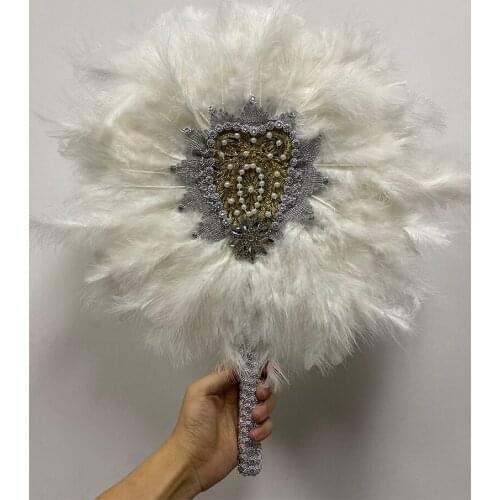 Golor Custom African Wedding Feather Hand Fan with Stones Feather Dance Fan Handmade Bride Hand Held Photo Props Wedding Favors