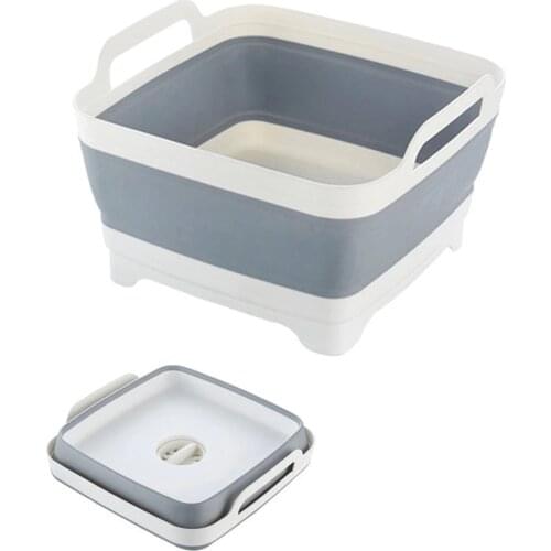 Folding Wash Basin Silicone Dish Tub Collapsible with Drain Plug Carry Handles Washing Basin Drainer Sink Colander for Camping