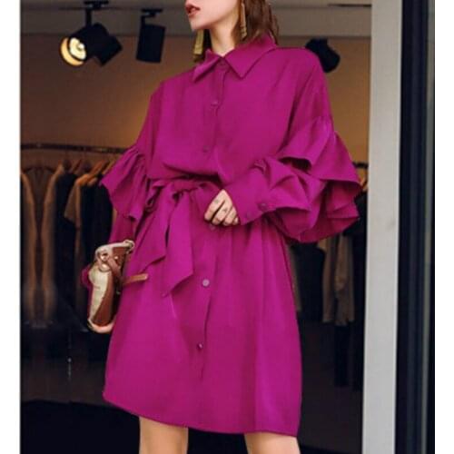 Fashion Ruffle Shirts Dress Womens Rose Red Blouse 2020 Autumn Winter Petal Sleeve Shirt Dress Female Bowknot Blusas Plus Size