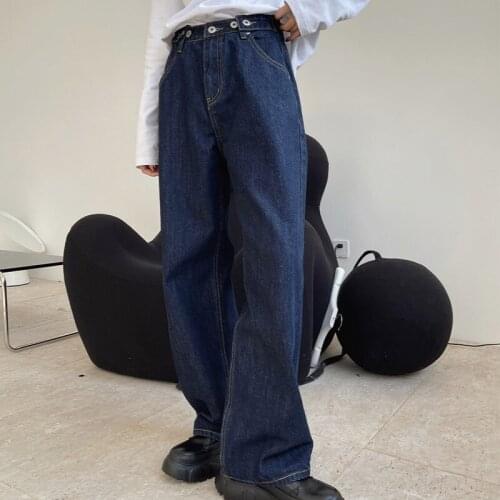 Spring and autumn womens casual solid color high-rise loose wide-leg jeans