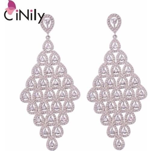 CiNily White Zircon Silver Plated Earrings Wholesale New Style Fashion Wedding for Women Jewelry Drop Earrings 3 3/8" FH7396