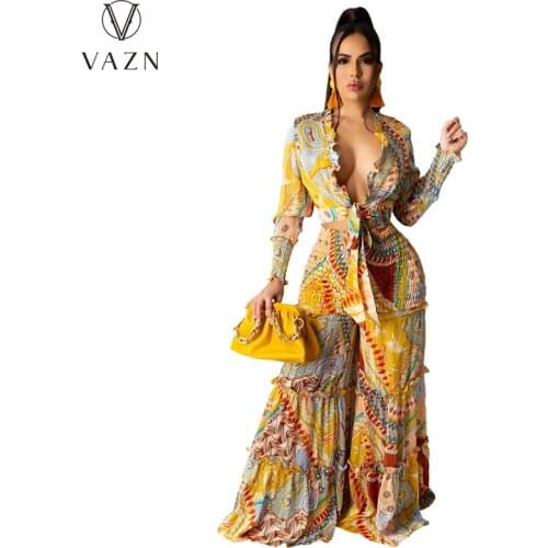 VAZN 2021 INS Beach V-neck Colorful Print Special Holiday Street Style Sexy 2 Piece Set Loose Women Top And Pant Summer